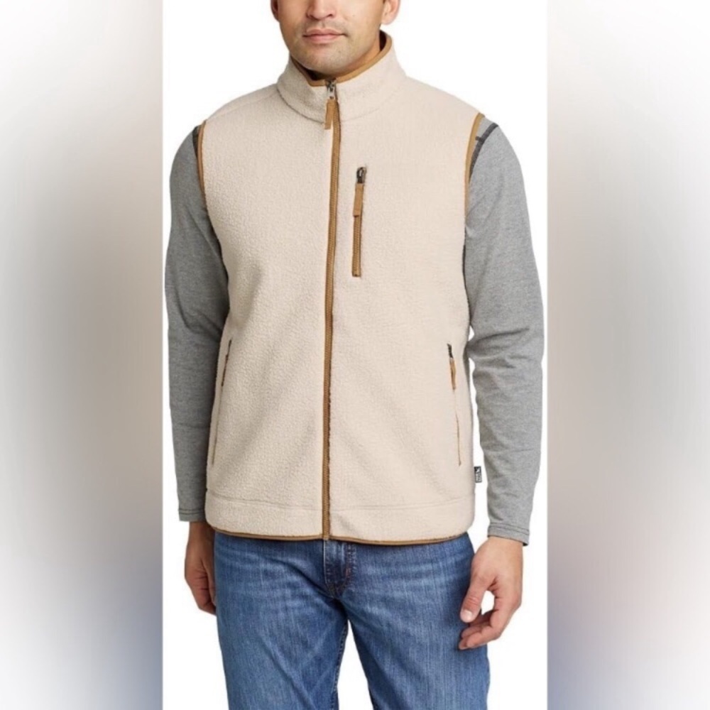 Eddie Bauer Cream Sherpa Fleece Vest with Tan Trim